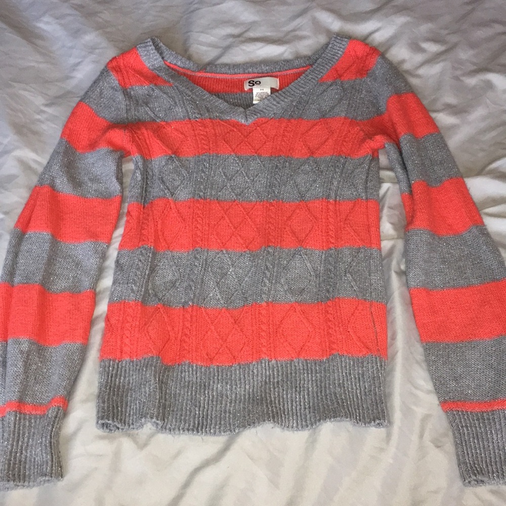 Orange-pink ish grey striped sweater